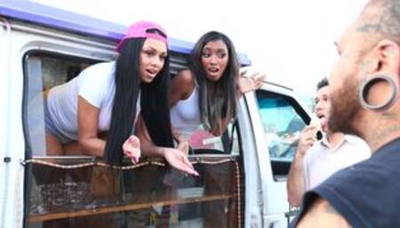 Beautiful ebonies Bethany Benz and Raven Wylde share a huge black cock