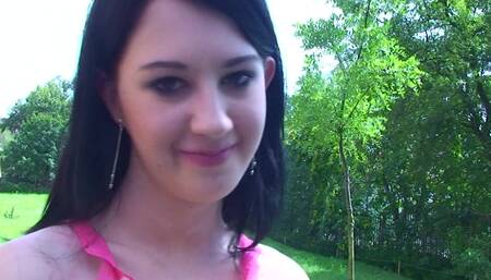 Cute teen Lolly posing and flashing outdoors