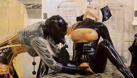 Full rubber gas mask mistress and the latex slave in latex clinic - Part 1 of 2 - The Piss