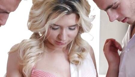 TeenMegaWorld - OhMyHoles - Petite blonde jumps on two dicks