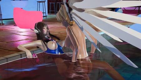 Dva is fucked by the futa mercy at the pool party with her oily body well soaked by the pool water