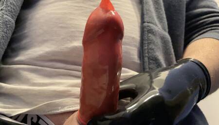 Quick wank with condom and latex gloves at the mall toilet