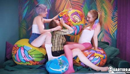 Q825 Three girls blow six beachballs - 480p