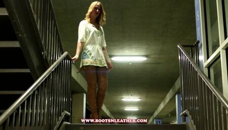 Cassandra Laine Crotch High Tan Ostrich Leather Boots Parking Deck (HD-MP4)