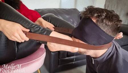 Worship feet and footgagging hard with his belt n3