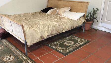 Stepmom stuck under the bed gets creampie from stepson