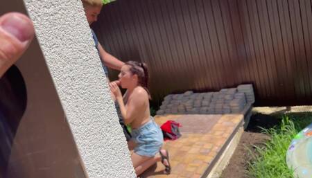Caught in Front of a Security Camera. Busty Girl Sucks Boyfriend in my Backyard!