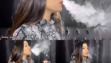 Nose exhales combined with mouth exhales side view close up!