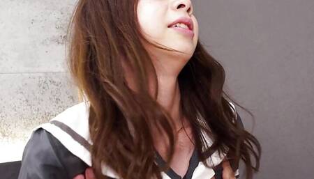 Brunette Asian naked teen in black stockings Yumi Kawai playing with shaved pussy.