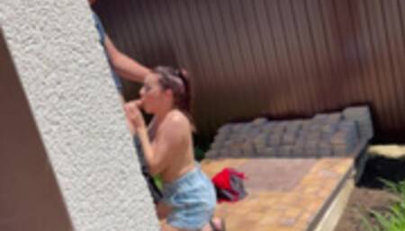 Caught in front of a . Busty girl sucks boyfriend in my backyard!