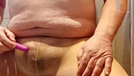 Tan tights with prostate and pencil vibrators with fleshlight