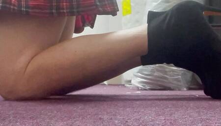 Little teaser walk in my 6.5 inch high heel boots with tartan skirt