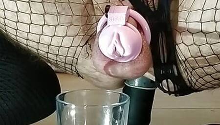 Cute Locked Sissy Leaks Pre-Cum with Anal Dildo