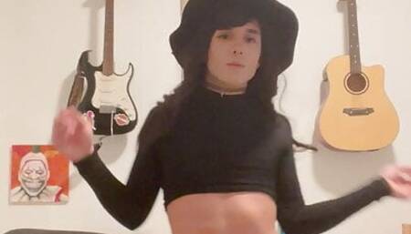 Teen crossdresser showing sexy little body