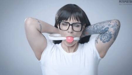 Emily E self ball gag eventually gets tied up, is shy and drools on her white T-shirt (Mobile)