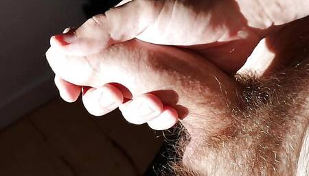 Big uncut bear cumming in the sun