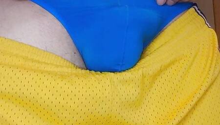 Blue silky underwear bulging