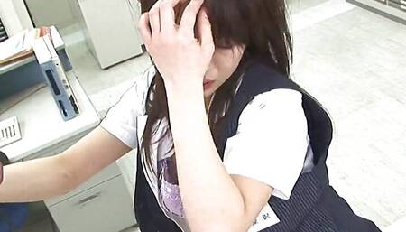 Japanese office girl at work Hina Aizawa had wild sex with two boys uncensored.
