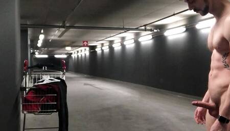 German boy guy Public parking garage naked outdoor cum jerk off masturbation small dick cock big muscle athletic young