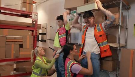 Hardhat hotties taking care of the same cock in a group vid