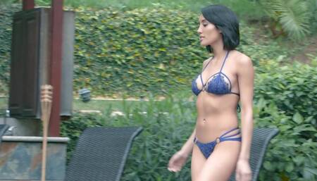 Stallion with tattooed body fucks Latina's pussy by the pool
