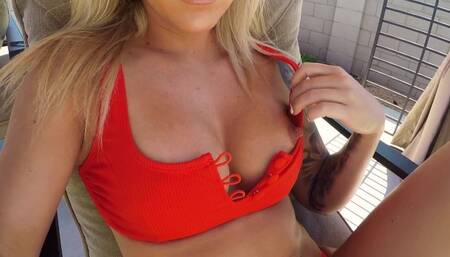 Small Teen Plays with Pussy outside for Perv Husband Neighbor next Door