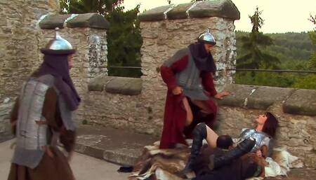 Slender redhead hottie gets banged outside by three men