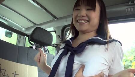 Japanese college girl with big tits gives blowjob in the car