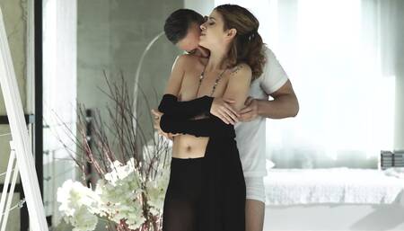 Skinny lassie in black stayed with man and was analyzed