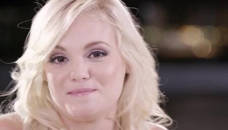 A pale blonde with a nice pair of tits is sucking and licking