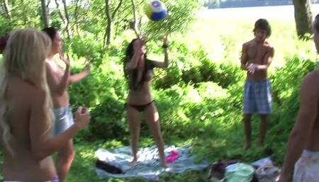 Bunch of horny amateur bitches are ready for a freaky orgy outdoors