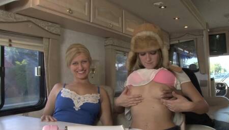Cutie in the RV takes a black cock into her cunt