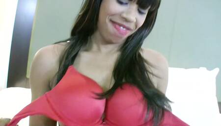 A lovely ebony girl with natural tits is sucking off a white dude
