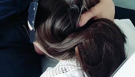 Secretary in stockings gave a blowjob to the boss under the table