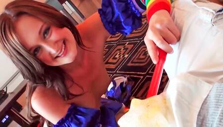 Hot teen takes off her costume in order to reveal her shaved pussy