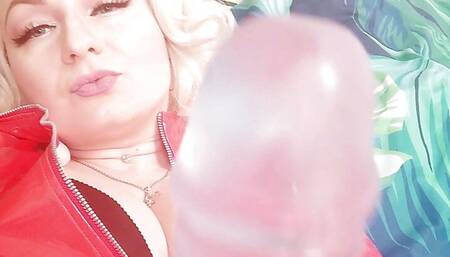Strap-on FemDom POV: red PVC coat sexy Mistress - female domination - Arya Grander - dirty talk