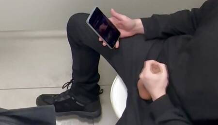 Public Cruising - Watching hunk stud jerking off in public toilet