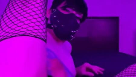 Thanks To 500 Subscribers. Masked up trans jerking off In Fishnet Stockings And High Heels