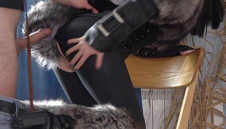 Sexy kitty plays with her sex slave. Femdom in fursuit. Furry fuck. Mistress in fur coat got fucked