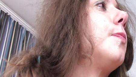 Slut gets cum on face after hardcore fuck