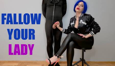 Femdom Mistress in black shinny leggings - Handjob her slave