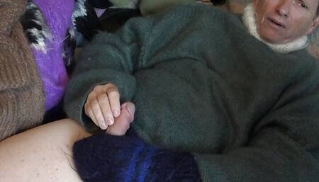 Soft Green Mohair Sweater Fetish Orgasm and Fun...  playing on a bed of sweaters with a turtleneck