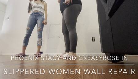 slippers to Barefoot women wall repair Full video with Phoenix Stacy and GreasyRose
