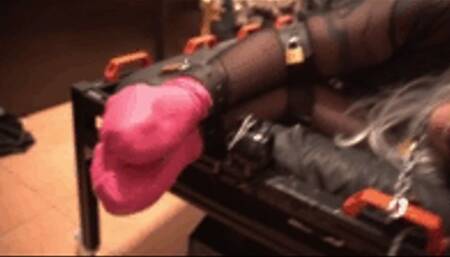 Bedbound with Belts and Pink Bondage Mittens