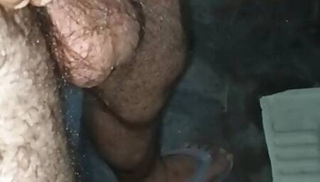 Indian middle age man massage his pennis with oil and gel