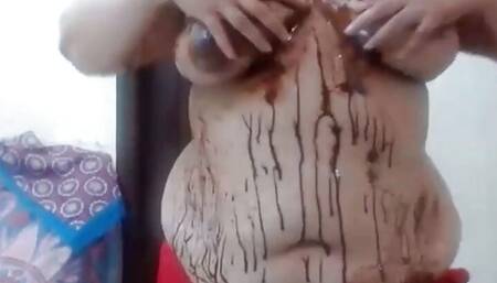 hot indian stepmom dripping chocolate from big tits and making suck her virgin stepson