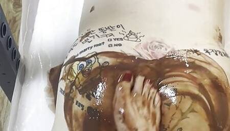Footjob, Korean mistress foot masturbation, tattoo slave 01