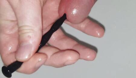 Deep urethral sounding, 30cm deep sounding rod, cumshot, close-up, silicone dilatator insertion