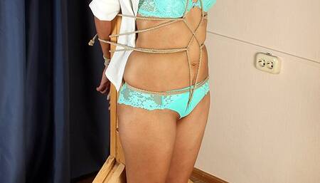 Gagged with red ball gag barefoot Ekaterina in blue bra and panties and white shirt, tied to a wooden post, wiggles helplessly (HD WMV)