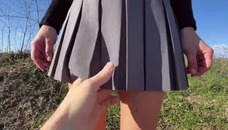 School-girl field-trip up-skirt thong tease